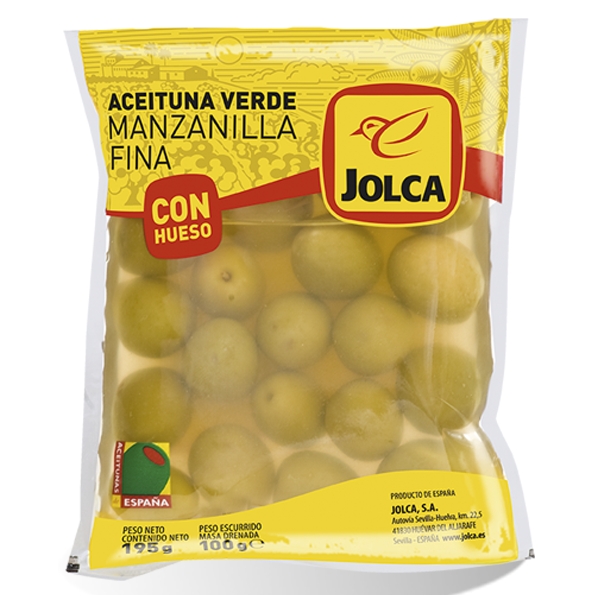 ACEITUNAS MANZANILLA JOLCA CON HUESO BOLSA 100GR